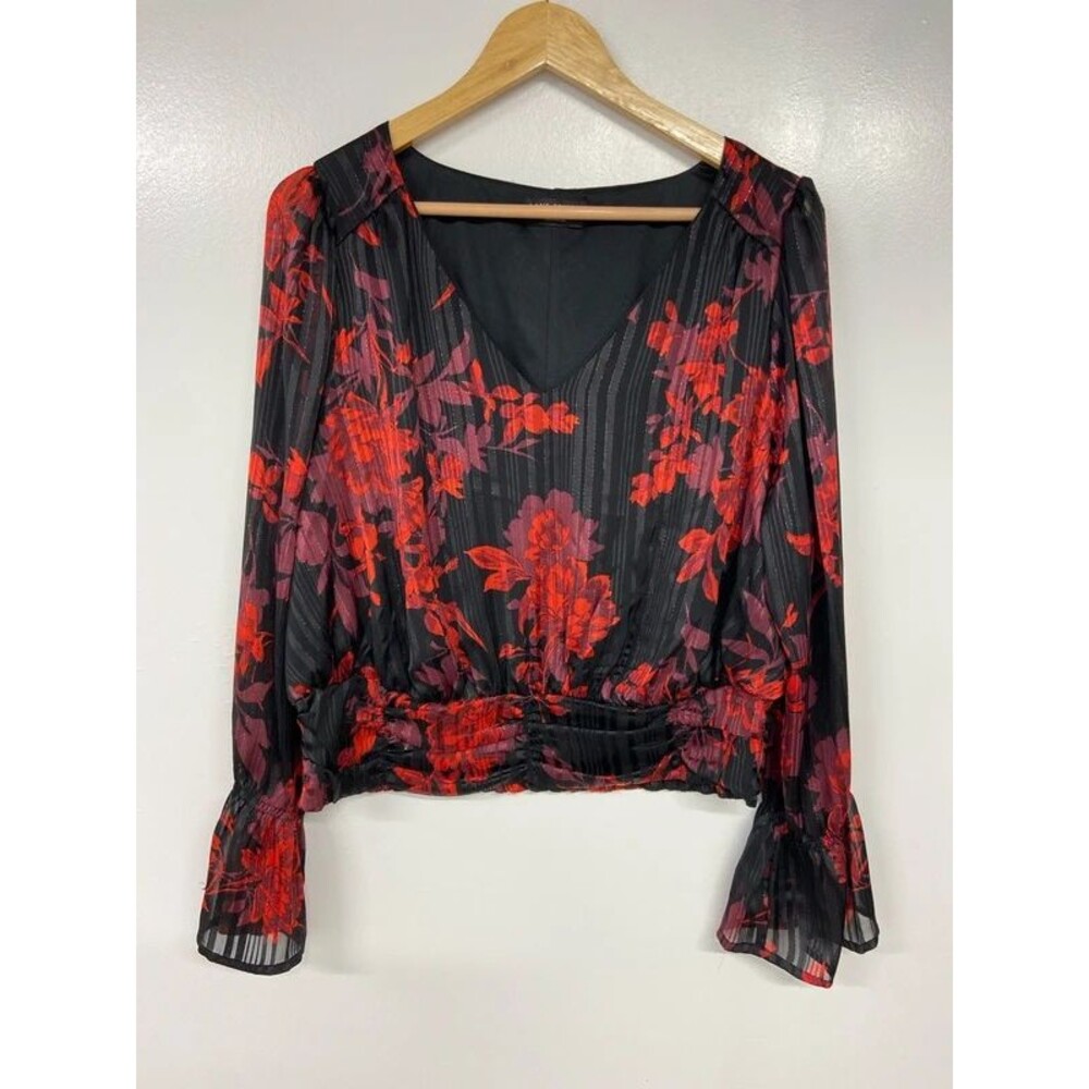 Lane Bryant Red and Black Metallic Crop Blouse Size 16